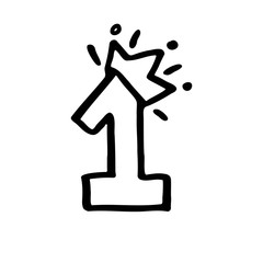 Cute number 1 with crown. Hand drown vector one. Design for baby birthday, little princess or prince party invitation, logo, sticker, greeting card, shirt print. Vector illustration