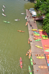 Kayak station with colorful kayaks