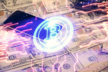 Multi exposure of crypto theme drawing over us dollars bill background. Concept of blockchain success.
