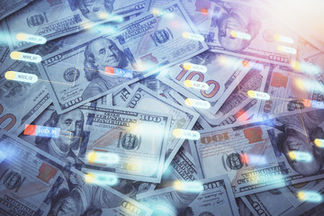 Double exposure of data theme drawing over us dollars bill background. Technology concept.
