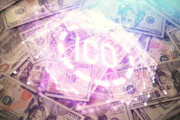 Multi exposure of crypto theme drawing over us dollars bill background. Concept of blockchain...