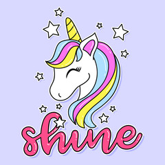 ILLUSTRATION OF A HAPPY AND COLORFUL UNICORN WITH STARS, PRINT FOR GIRLS, SLOGAN PRINT VECTOR