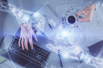 Double exposure of man's hands typing over computer keyboard and data theme hologram drawing. Top view. Technology concept.