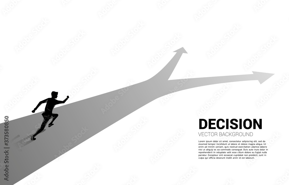 Poster silhouette of businessman running at crossroad. concept of time to make decision in business directi