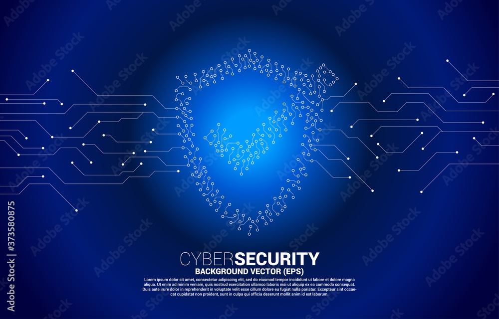 Poster Protection shield icon from circuit board style dot connect line. concept of guard security and safety