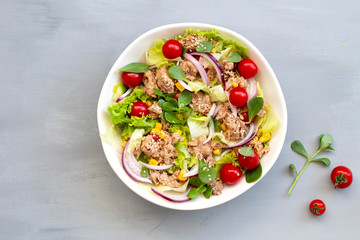  tuna salad in white bowl, top view, copy space