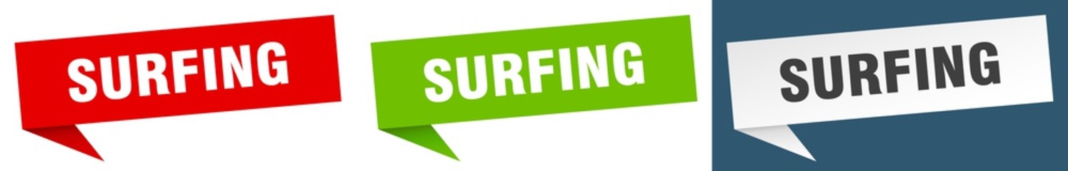surfing banner sign. surfing speech bubble label set