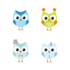A set of cute owls for children. Children's illustration of an owl for a boy on a white isolated background. Vector flat illustrations. Logo design, textiles, postcards, clothing, packaging paper.