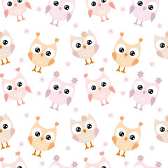 Cute owls with big eyes on a white background are isolated. Children's seamless pattern for textiles, fabrics, packaging, Wallpaper in the children's room. Vector cartoon drawing of an owl for a child