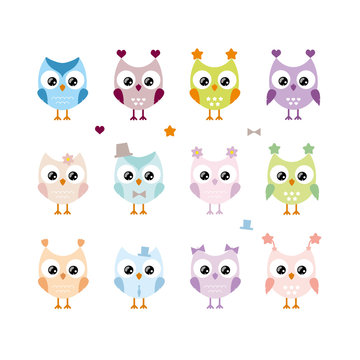 Children's cartoon drawing of an owl on a white background. Vector illustration for girls and boys. Cute owls for textiles, postcards, clothing, packaging paper. Many nocturnal birds are isolated.