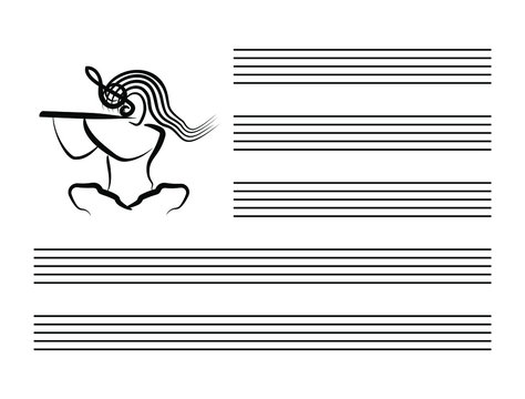 Musical notes blank sheet with abstract woman playing flute. Black lines on white background. Vector illustration.