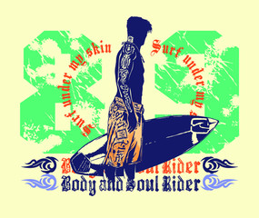 Colorful vector illustration of tattooed surfer holding a surfboard with numbers in the background and text.