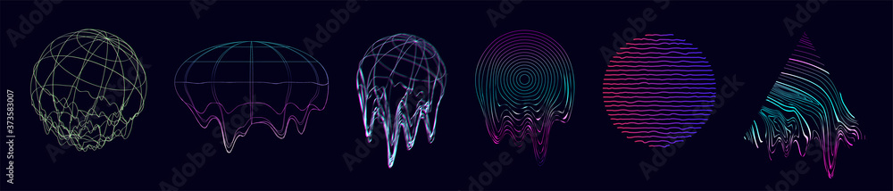 Aufkleber universal glitch shapes set. trendy digital retrofuturism vaporwave. 3d circles and triangles with t