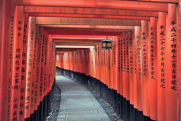 Famous beautiful corridor from thousands wooden red japan gates Fushimi Inari Shrine.