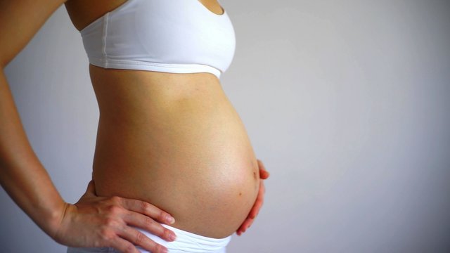 A profile of the body of a young pregant woman on a white background