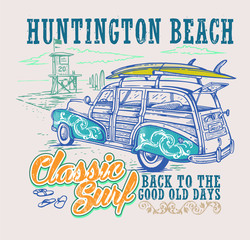 Vector illustration of surfer car on beach and text landscape.