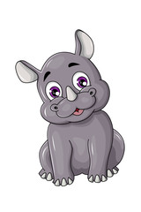 A happy gray one horned rhino with purple eyes, design animal cartoon vector illustration