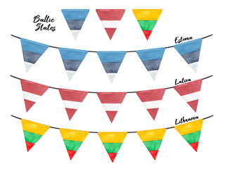 Set of national triangular flags and festive garlands of Baltic States: Estonia, Latvia and Lithuania. Hand painted watercolour drawing, cut out clipart elements for design, banner, print, poster.