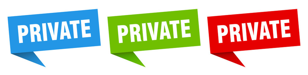 private banner sign. private speech bubble label set