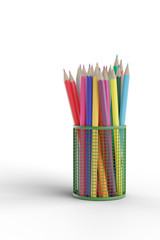 Fototapeta premium Set of colored pencils in a basket isolated on white background. 3d illustration.