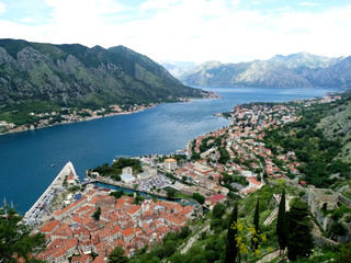 Aerial view of Kotor city in Kotor, Montenegro. Kotor is a coastal town in a secluded Gulf of Kotor, its preserved medieval old town is an UNESCO World Heritage Site. 