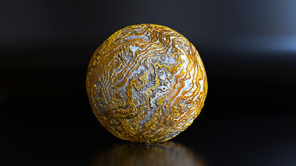 abstract sphere on stage background, ball in gold and silver with eroded surface
