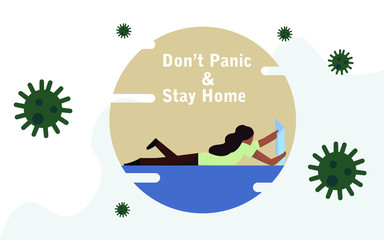 Coronavirus outbreak vector concept. A girl enjoying in a meditation pose with a book under a circle . Covid-19 virus in air. Staying home with self quarantine. Protect from viruses
