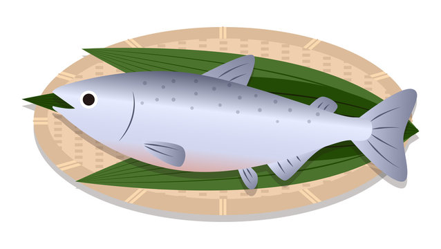 fish on plate, light blue, green leaves clip art preview