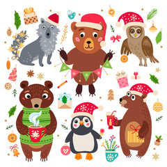 Christmas forest animals set in cartoon style