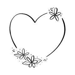 Doodle black line flowers with leaf on heart shape frame. 2 silhouette for cut file, clipart. Digital or printable sticker. Vector illustration for decorate logo, card or any design.