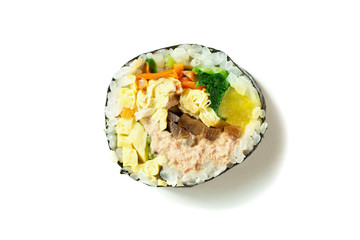 Korean gimbap roll isolated on white background close-up.