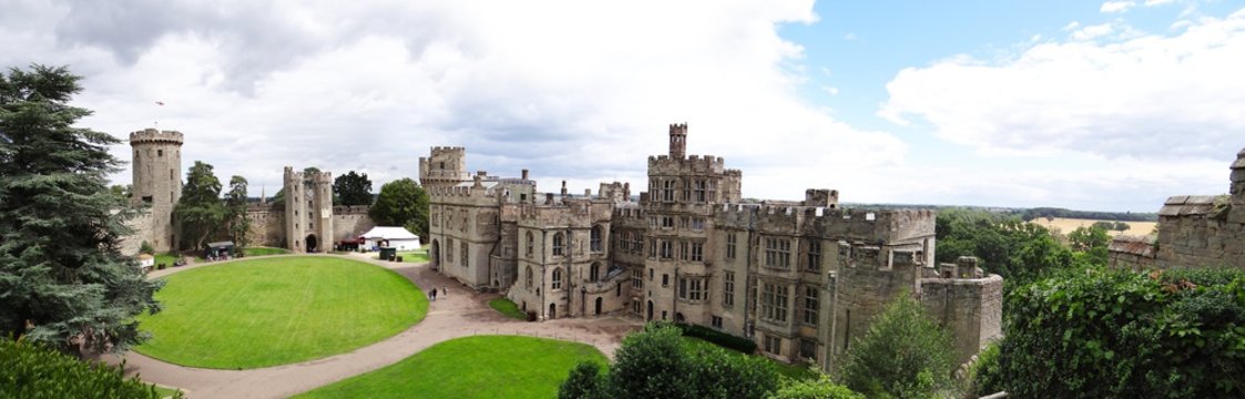 Aerial panoramic view ; courtyard of the Warwick castle, UK