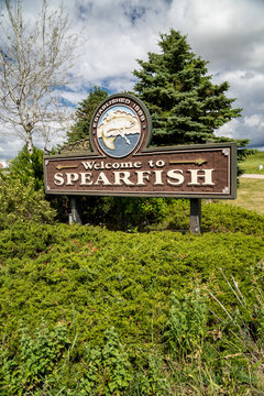 Spearfish, South Dakota - June 22, 2020: Welcome sign to Spearfish South Dakota, a small town near the Black Hills