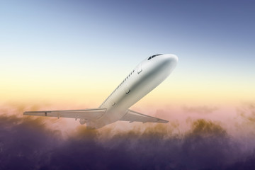 Airplane flying in the air with a dramatic