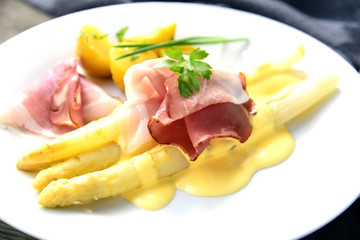 White Asparagus with Black Forest Ham and Hollandaise Sauce. Asparagus European menu.