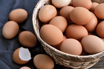 Healthy and benefits of chicken egg..Many chicken eggs in basket on wooden background.