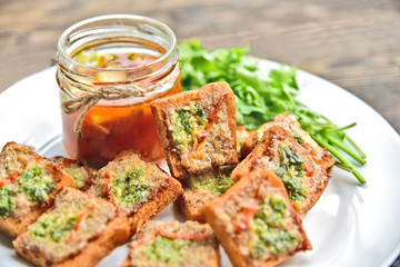 Fried toasts with Minced Pork Spread with chili sauce (Thai Pork Toast) . Toasts Menu for children.