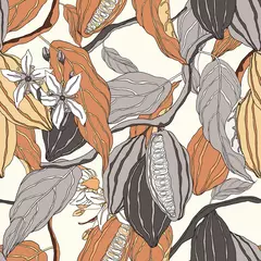 Deurstickers Plant seamless pattern, hand drawn line art cocoa tree on bright brown © momosama
