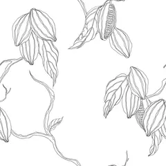 Fotobehang Plant seamless pattern, hand drawn black line art cocoa tree on white © momosama