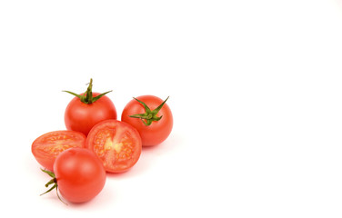 Fresh cherry tomatoes on white background with space for text.