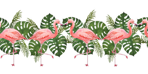 Watercolor hand drawn seamless horizontal border with pink flamingo bird and tropical green monstera palm jungle leaves on background. Summer vacation holiday concept. Print for card invitation t © Marina Lahereva