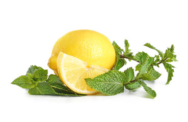 Fresh lemon and mint on white background
