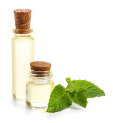 Aromatic mint oil on white background