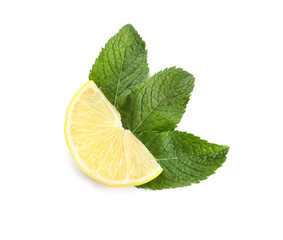 Fresh lemon and mint on white background