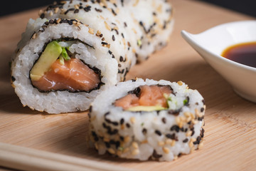 sushi on a wooden board