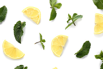 Fresh lemon and mint on white background
