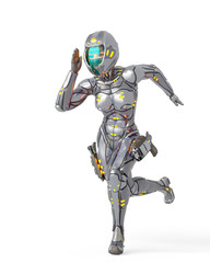 astronaut girl on sci-fi suit is running