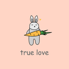 cute hare with carrots on a light background. a child's drawing for the holidays. cartoon characters