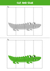 Cut and glue game for kids. Cute cartoon crocodile.