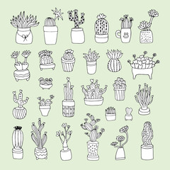 Cactus and succulents set. Collection plants in pot. Cute hand drawn set of cactus pots.Doodle vector illustration house plants for wedding design,logo and greeting card. Isolated on white background.